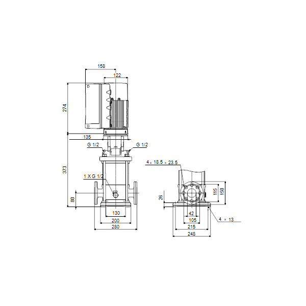 Вертикальный многоступенчатый центробежный насос Grundfos CRNE 10-2 A-FGJ-A-E-HQQE артикул 98390323 – габаритный чертеж