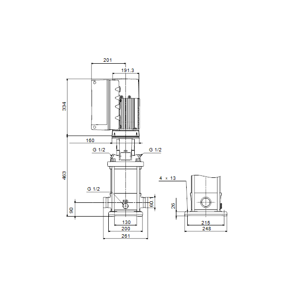 Вертикальный многоступенчатый центробежный насос Grundfos CRNE 15-3 N-P-A-E-HQQE артикул 99071627 – габаритный чертеж