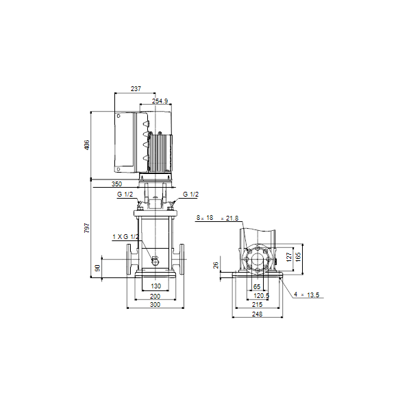 Вертикальный многоступенчатый центробежный насос Grundfos CRNE 15-8 A-FGJ-A-E-HQQE артикул 99071608 – габаритный чертеж