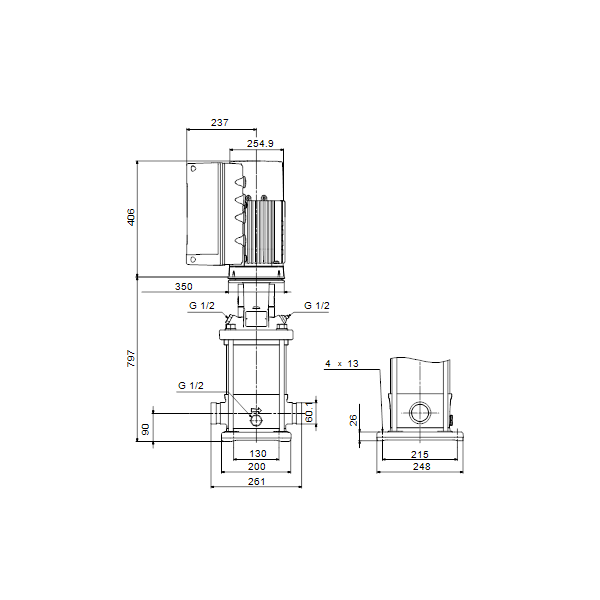 Вертикальный многоступенчатый центробежный насос Grundfos CRNE 15-8 A-P-A-E-HQQE артикул 99071587 – габаритный чертеж