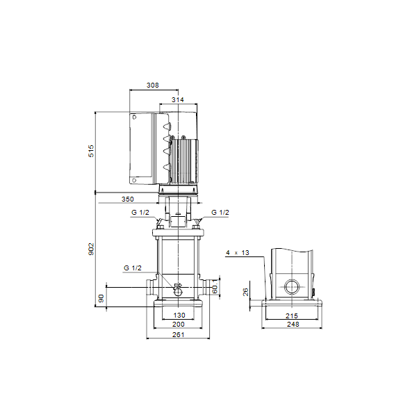 Вертикальный многоступенчатый центробежный насос Grundfos CRNE 20-10 A-P-A-E-HQQE артикул 96514679 – габаритный чертеж