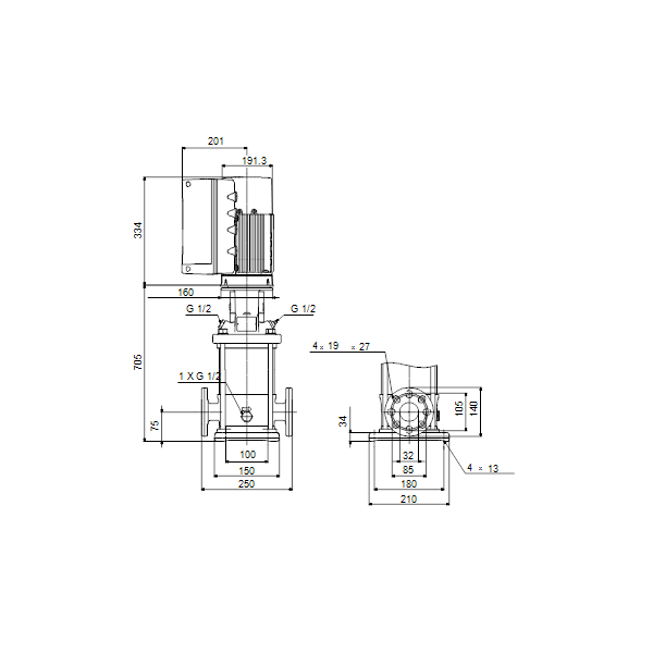 Вертикальный многоступенчатый центробежный насос Grundfos CRNE 3-25 A-FGJ-A-E-HQQE артикул 99072169 – габаритный чертеж