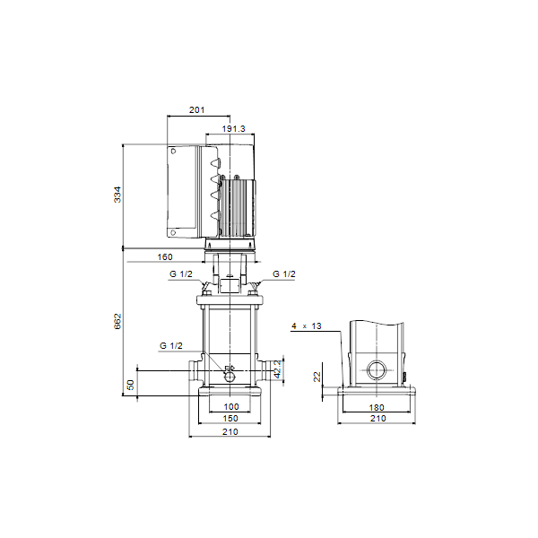 Вертикальный многоступенчатый центробежный насос Grundfos CRNE 5-16 A-P-A-E-HQQE артикул 99072231 – габаритный чертеж