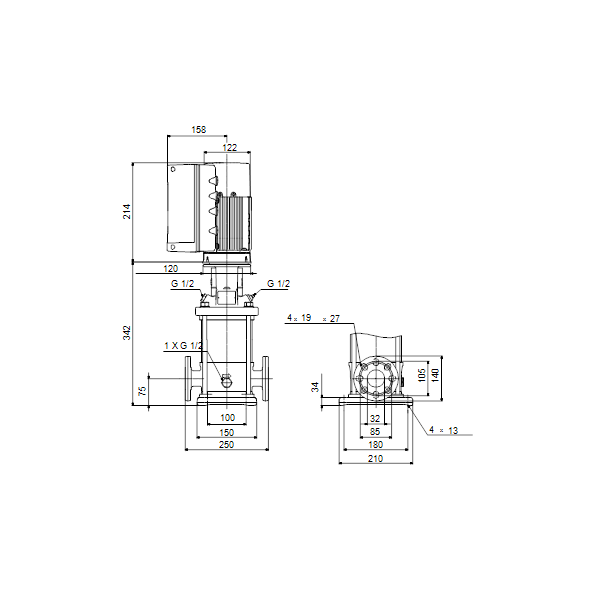 Вертикальный многоступенчатый центробежный насос Grundfos CRNE 5-4 A-FGJ-A-E-HQQE артикул 98390118 – габаритный чертеж
