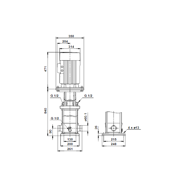 Вертикальный многоступенчатый центробежный насос Grundfos CRT 16-10 A-P-A-E-AUUE артикул 96117251 – габаритный чертеж