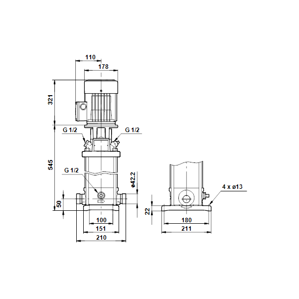 Вертикальный многоступенчатый центробежный насос Grundfos CRT 2-18 A-P-A-E-AUUE артикул 96100314 – габаритный чертеж