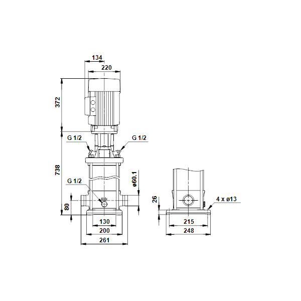 Вертикальный многоступенчатый центробежный насос Grundfos CRT 8-12 A-P-A-E-AUUE артикул 96117230 – габаритный чертеж