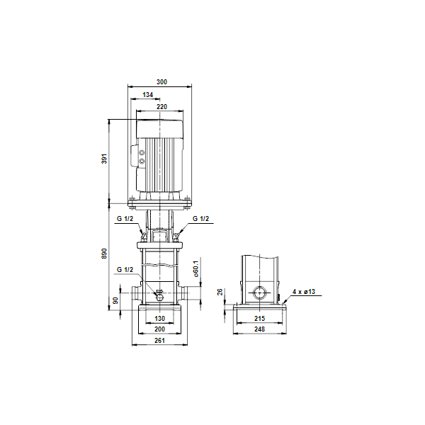 Вертикальный многоступенчатый центробежный насос Grundfos CRT 8-16 A-P-A-E-AUUE артикул 96117232 – габаритный чертеж