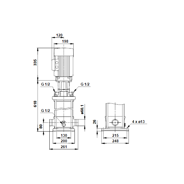 Вертикальный многоступенчатый центробежный насос Grundfos CRT 8-8 A-P-A-E-AUUE артикул 96117228 – габаритный чертеж