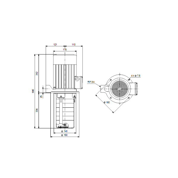 Полупогружной насос Grundfos MTH 8-8/5-1 A-W-A-AQQV артикул 98891520 – габаритный чертеж