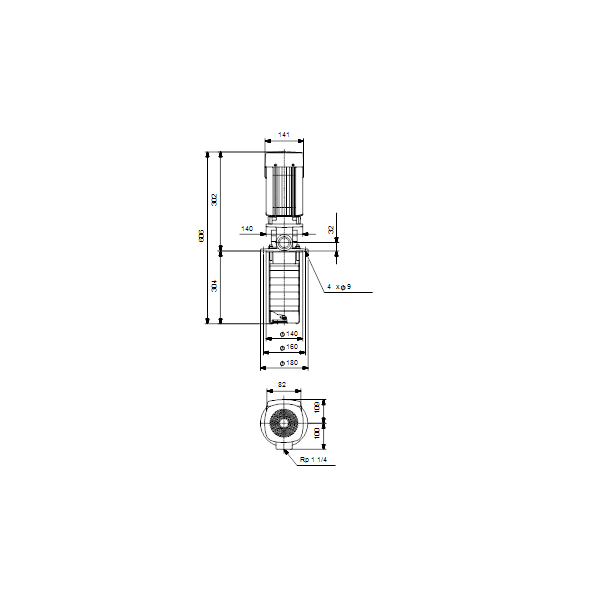 Полупогружной насос Grundfos MTR 1-10/10 A-W-I-HUUV артикул 96518876 – габаритный чертеж