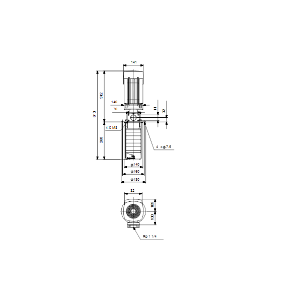 Полупогружной насос Grundfos MTR 3-8/8 A-M-A-HUUV артикул 96515205 – габаритный чертеж