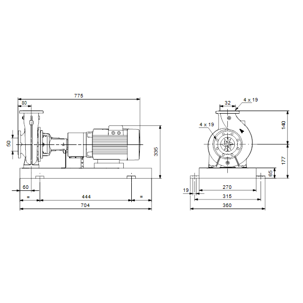 Консольный насос с односторонним всасыванием Grundfos NKGE 50-32-125.1/110 A1-F-L-E-BQQE артикул 98482644 – габаритный чертеж
