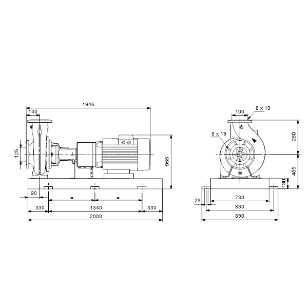 Консольный насос с односторонним всасыванием Grundfos NK 100-250/258 EUP A2-F-A-E-BAQE артикул 98838979 – габаритный чертеж