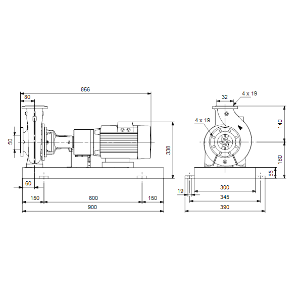 Консольный насос с односторонним всасыванием Grundfos NKE 32-125.1/140 A2-F-L-E-BQQE артикул 98112434 – габаритный чертеж
