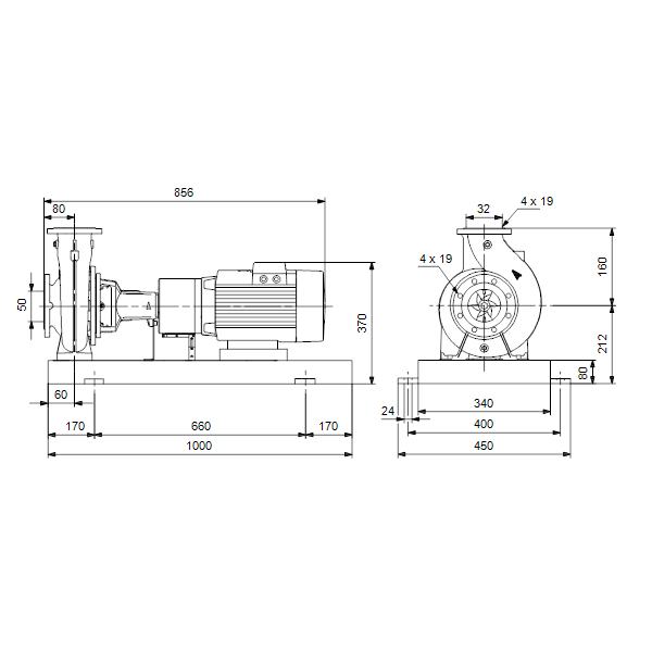Консольный насос с односторонним всасыванием Grundfos NKE 32-160.1/155 A2-F-L-E-BQQE артикул 98112444 – габаритный чертеж