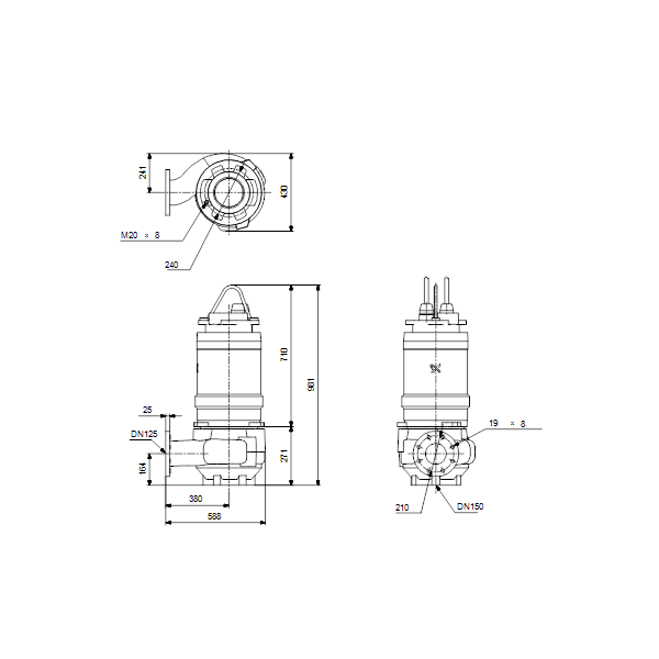 Погружной канализационный насос Grundfos S1.100.125.100.4.50L.H.243.R.EX.D.511 артикул 96811188 – габаритный чертеж