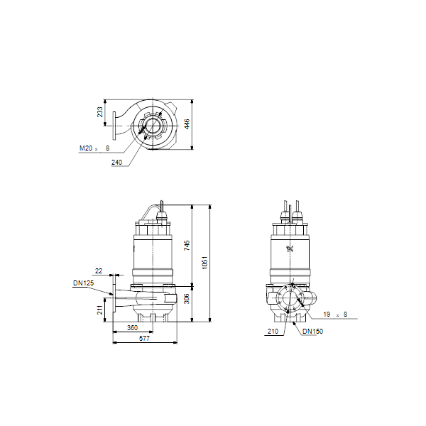 Погружной канализационный насос Grundfos S1.100.125.135.4.54M.H.259.R.EX.D.511 артикул 96811403 – габаритный чертеж