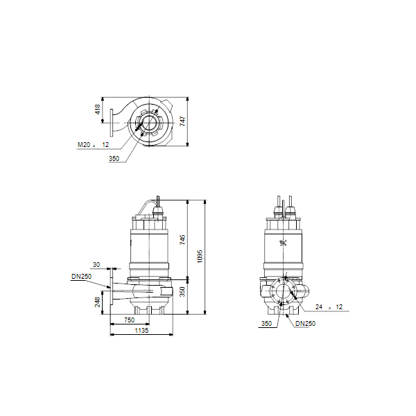 Погружной канализационный насос Grundfos S2.100.250.170.4.54E.D.232.R.EX.D.511 артикул 96811425 – габаритный чертеж