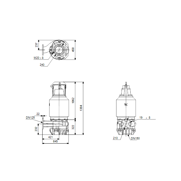 Погружной канализационный насос Grundfos S1.80.125.260.4.58H.H.341.Q.N.D.511 артикул 96811523 – габаритный чертеж
