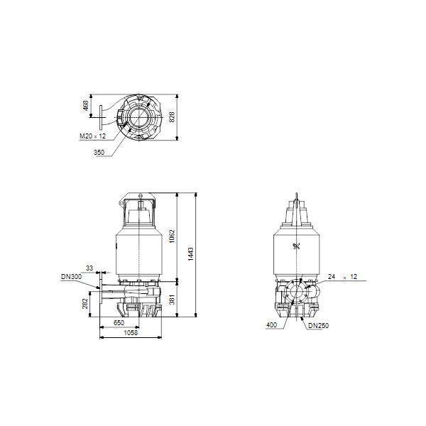 Погружной канализационный насос Grundfos S2.100.300.160.6.58E.D.304.Q.EX.D.511 артикул 96811563 – габаритный чертеж