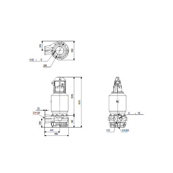 Погружной канализационный насос Grundfos S1.100.125.400.4.62M.D.345.G.N.D.511 артикул 96787705 – габаритный чертеж