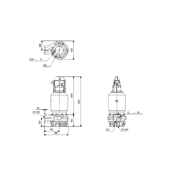 Погружной канализационный насос Grundfos S1.80.125.300.4.62H.H.338.Q.EX.D.511 артикул 96811650 – габаритный чертеж