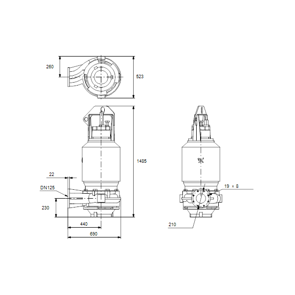 Погружной канализационный насос Grundfos S1.80.125.400.4.62H.C.374.Q.EX.D.511 артикул 96811652 – габаритный чертеж