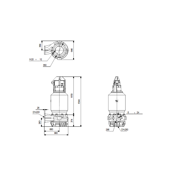 Погружной канализационный насос Grundfos S2.100.200.400.4.62L.D.285.G.N.D.513GPA артикул 96810444 – габаритный чертеж