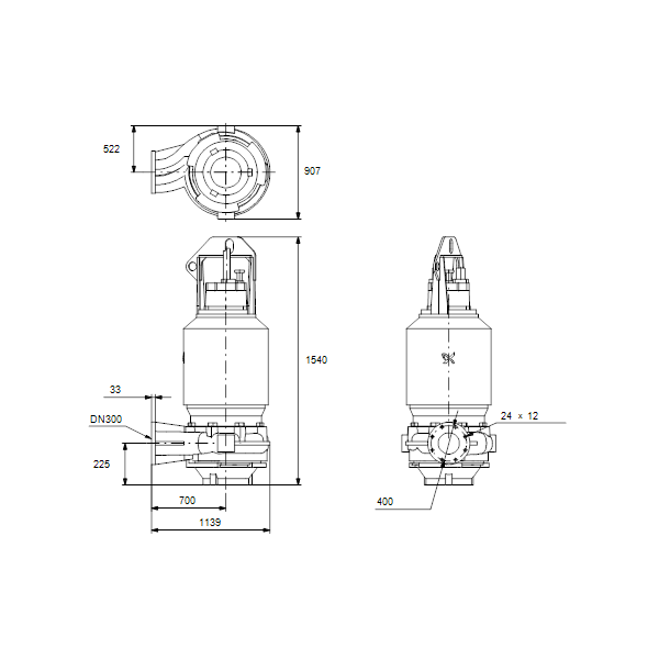Погружной канализационный насос Grundfos S2.145.300.280.8.62E.C.421.G.N.D.513 артикул 96783242 – габаритный чертеж