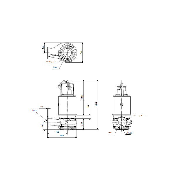 Погружной канализационный насос Grundfos S2.100.200.650.4.66M.H.350.G.N.D.513 артикул 96785357 – габаритный чертеж