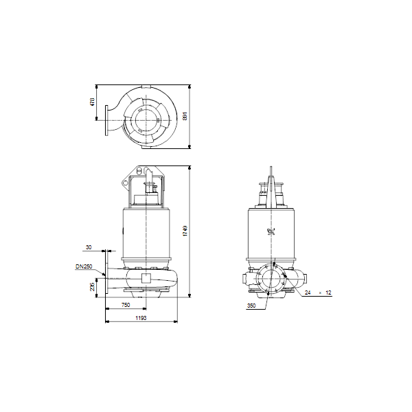 Погружной канализационный насос Grundfos S2.120.250.500.8.66H.C.520.Q.EX.D.511 артикул 96811964 – габаритный чертеж