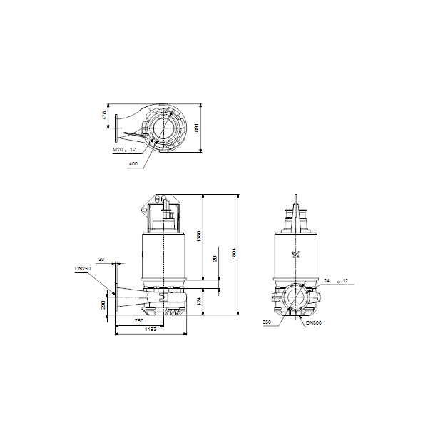 Погружной канализационный насос Grundfos S2.120.250.500.8.66H.H.520.Q.EX.D.511 артикул 96811966 – габаритный чертеж