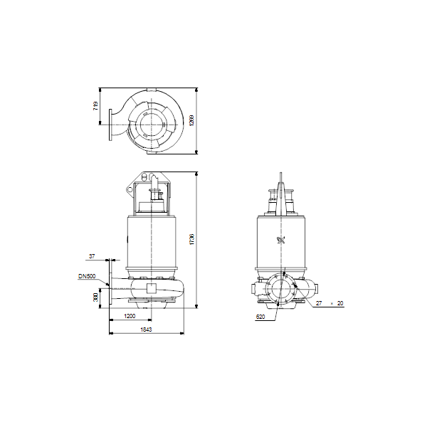 Погружной канализационный насос Grundfos S3.110.500.500.8.66L.S.426.G.N.D.513GPA артикул 96810522 – габаритный чертеж