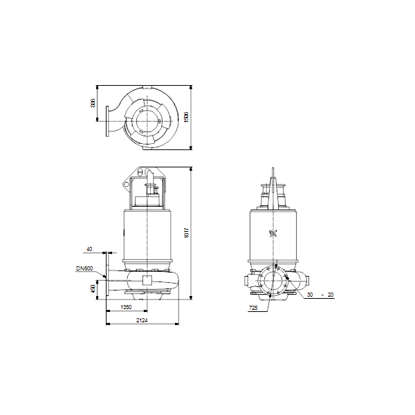 Погружной канализационный насос Grundfos S3.120.600.500.8.66E.S.432.G.N.D.513GPA артикул 96810518 – габаритный чертеж