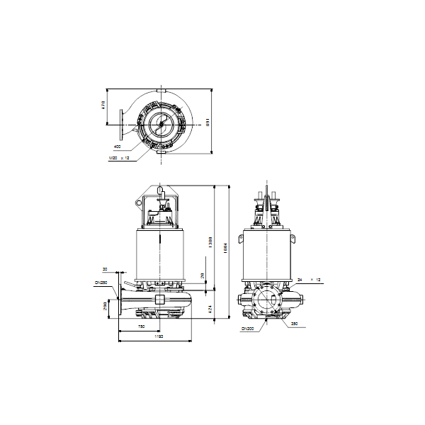 Погружной канализационный насос Grundfos S2.120.250.650.8.70H.D.534.G.N.D.511 артикул 95112929 – габаритный чертеж