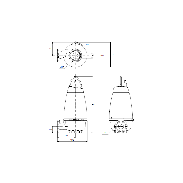 Погружной канализационный насос Grundfos SEV.100.100.75.A.EX.4.51D артикул 96177716 – габаритный чертеж
