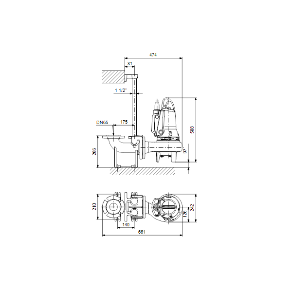 Погружной канализационный насос Grundfos SL1.50.65.09.E.2.50B артикул 96878451 – габаритный чертеж