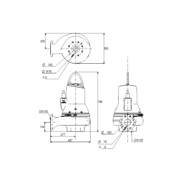 Погружной канализационный насос Grundfos SLV.100.100.40.A.EX.4.51D.C артикул 98626466 – габаритный чертеж