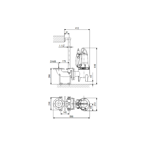 Погружной канализационный насос Grundfos SLV.65.65.11.E.2.1.502 артикул 96882685 – габаритный чертеж