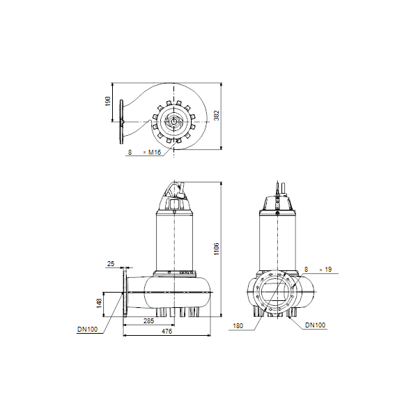 Погружной канализационный насос Grundfos SE1.75.100.150.2.52S.C.Q.EX.51D артикул 99411773 – габаритный чертеж
