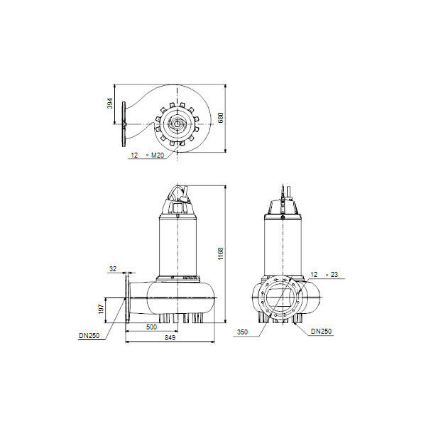 Погружной канализационный насос Grundfos SE2.110.250.200.4.52L.C.Q.EX.51D артикул 99412056 – габаритный чертеж