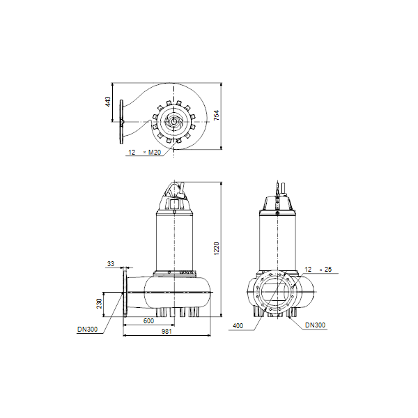Погружной канализационный насос Grundfos SE2.125.300.160.6.52E.D.Q.EX.51D артикул 99412122 – габаритный чертеж