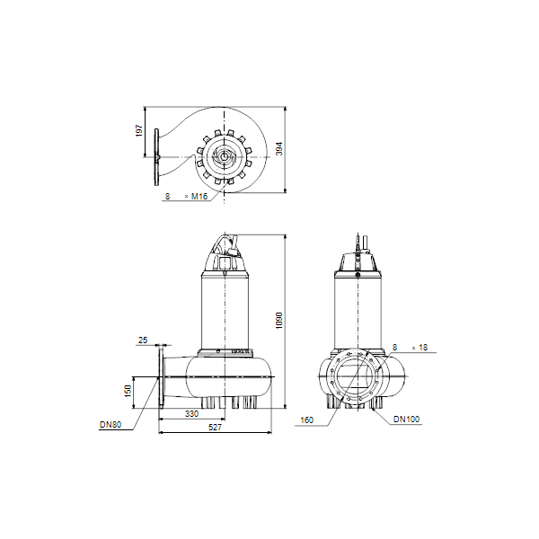 Погружной канализационный насос Grundfos SEV.80.80.150.2.52H.C.Q.N.51D артикул 99407130 – габаритный чертеж