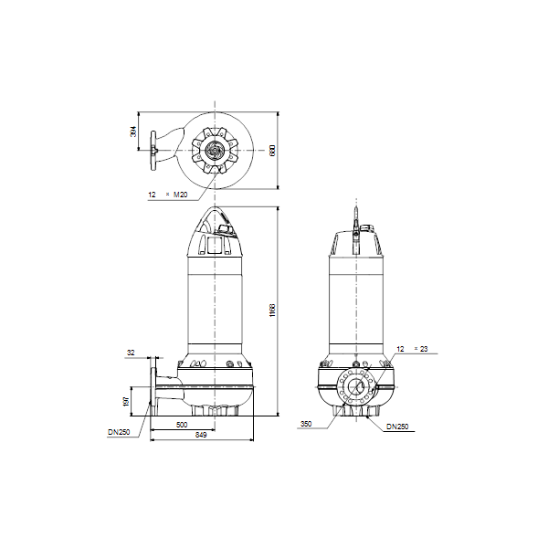 Погружной канализационный насос Grundfos SL2.110.250.150.4.52L.S.Q.EX.51D артикул 99412091 – габаритный чертеж