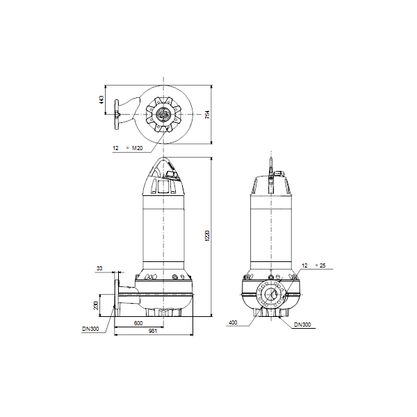 Погружной канализационный насос Grundfos SL2.125.300.160.6.52E.S.Q.EX.51D артикул 99412120 – габаритный чертеж