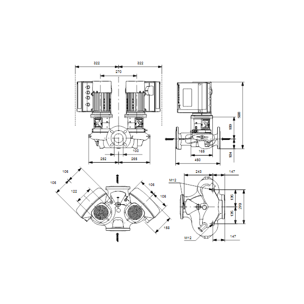 Одноступенчатый вертикальный центробежный насос «ин-лайн» Grundfos TPE2 D 100-120-N A-F-A-BQBE артикул 99223868 – габаритный чертеж