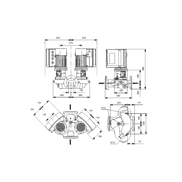 Одноступенчатый вертикальный центробежный насос «ин-лайн» Grundfos TPE2 D 100-180-N A-F-A-BQBE артикул 99223820 – габаритный чертеж