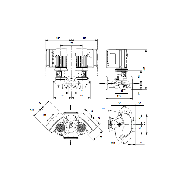 Одноступенчатый вертикальный центробежный насос «ин-лайн» Grundfos TPE2 D 32-120-N A-F-A-BQBE артикул 99224019 – габаритный чертеж