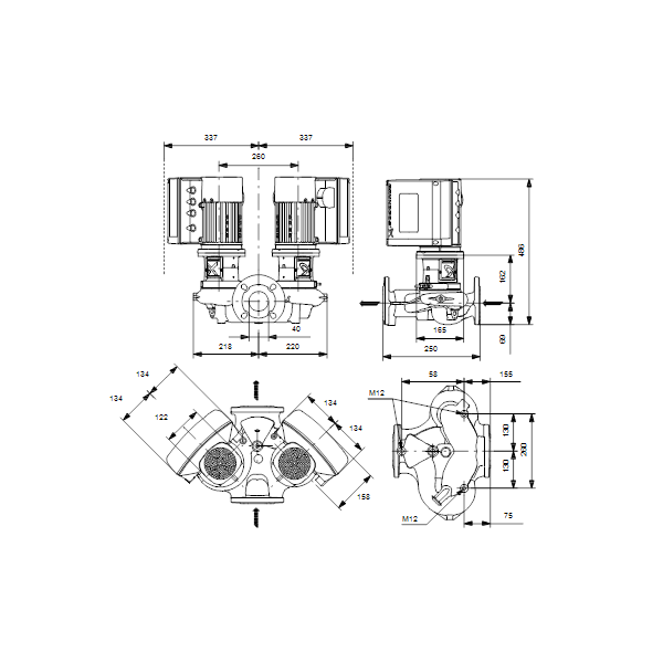 Одноступенчатый вертикальный центробежный насос «ин-лайн» Grundfos TPE2 D 40-180-N A-F-A-BQBE артикул 99224031 – габаритный чертеж